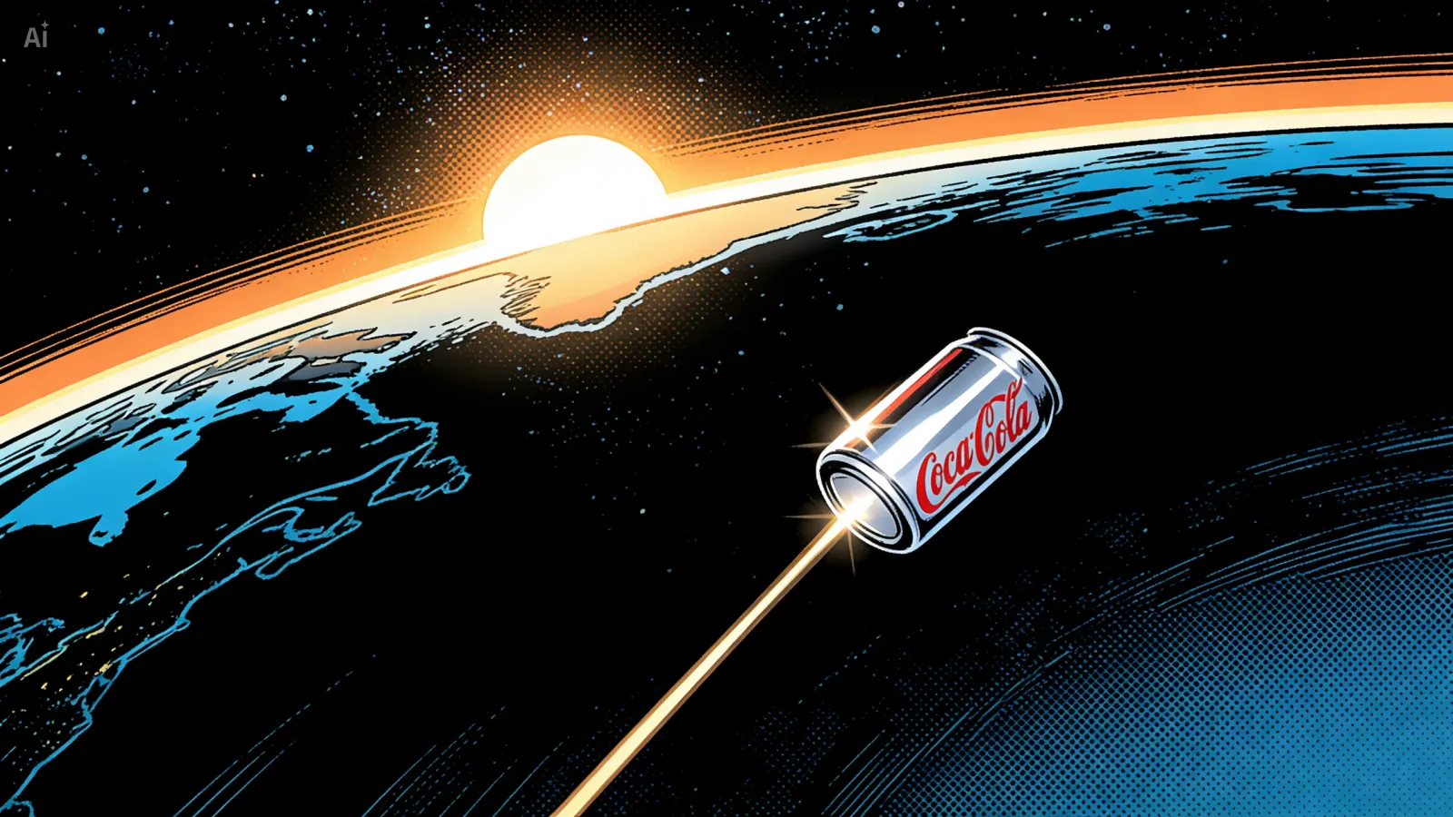 A can of Coca-Cola tumbling in near-Earth space, catching a glint of sunlight.