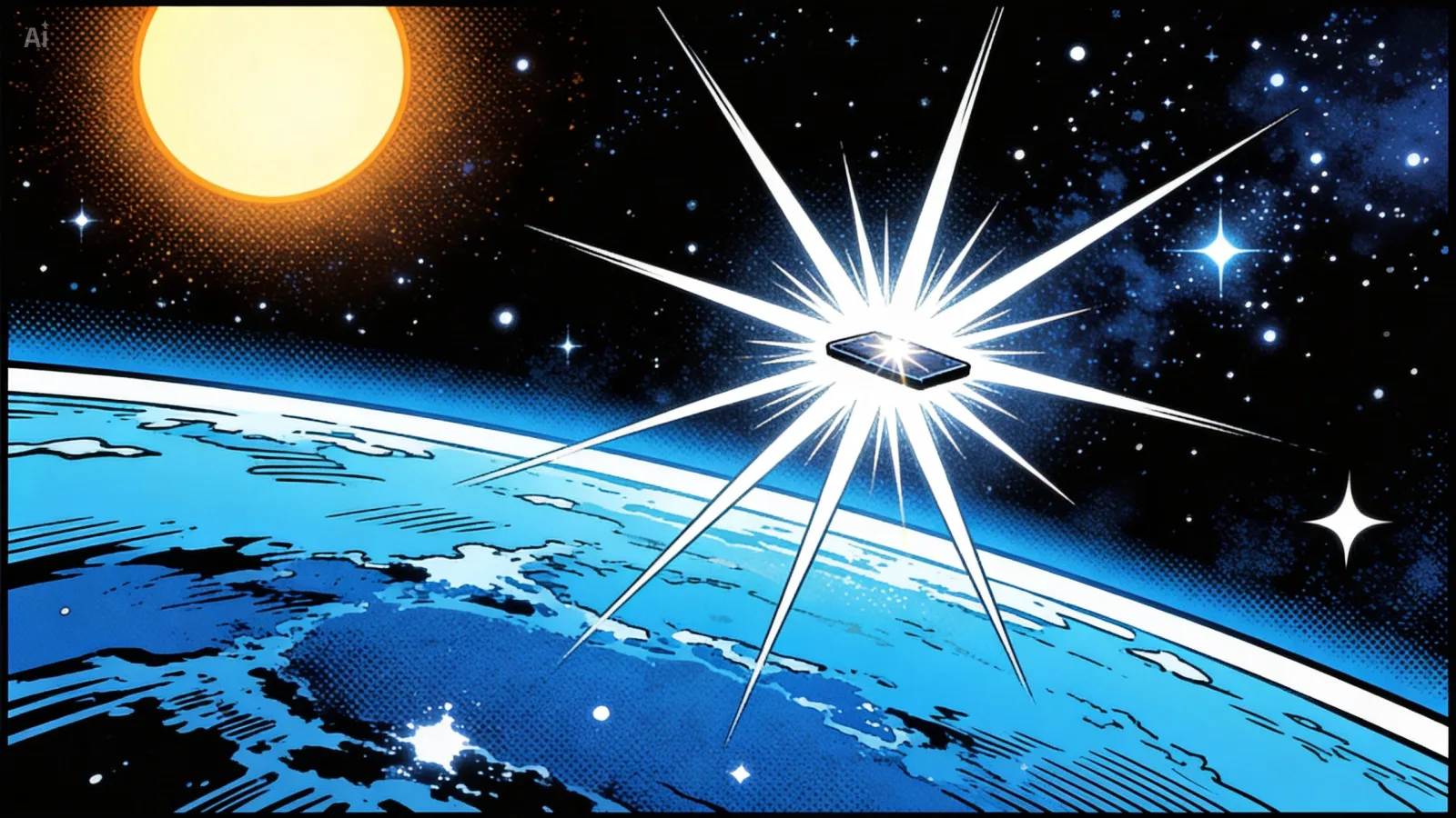 Speculative rendering: a brilliant specular flash of sunlight glinting off a small object in near-Earth orbit.
