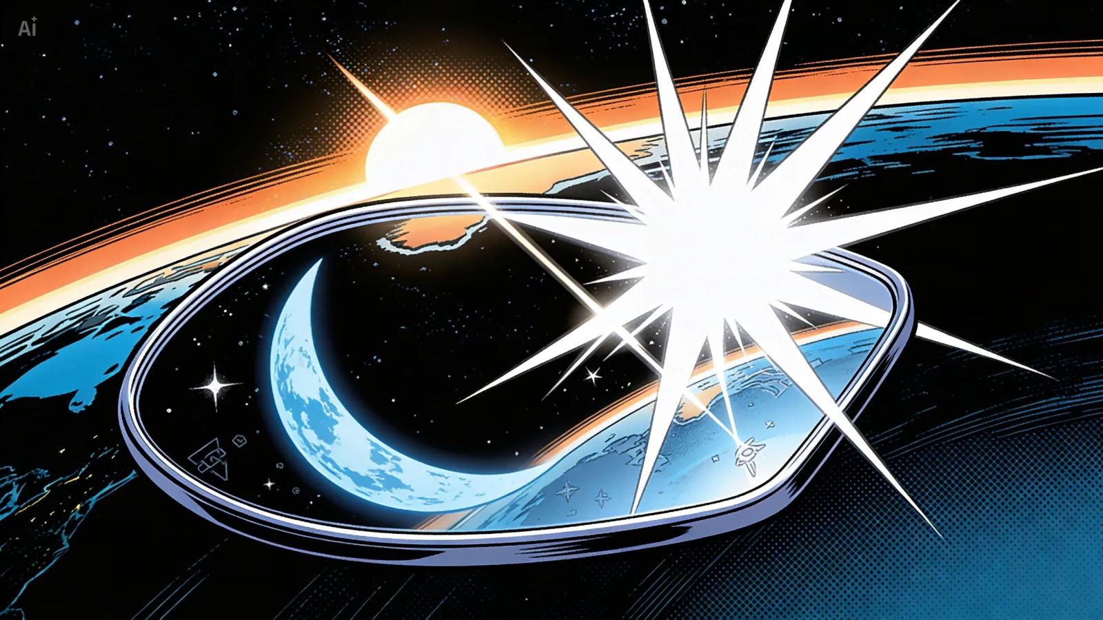 A flat, mirror-like object in orbit flaring a brief, bright reflection of sunlight.