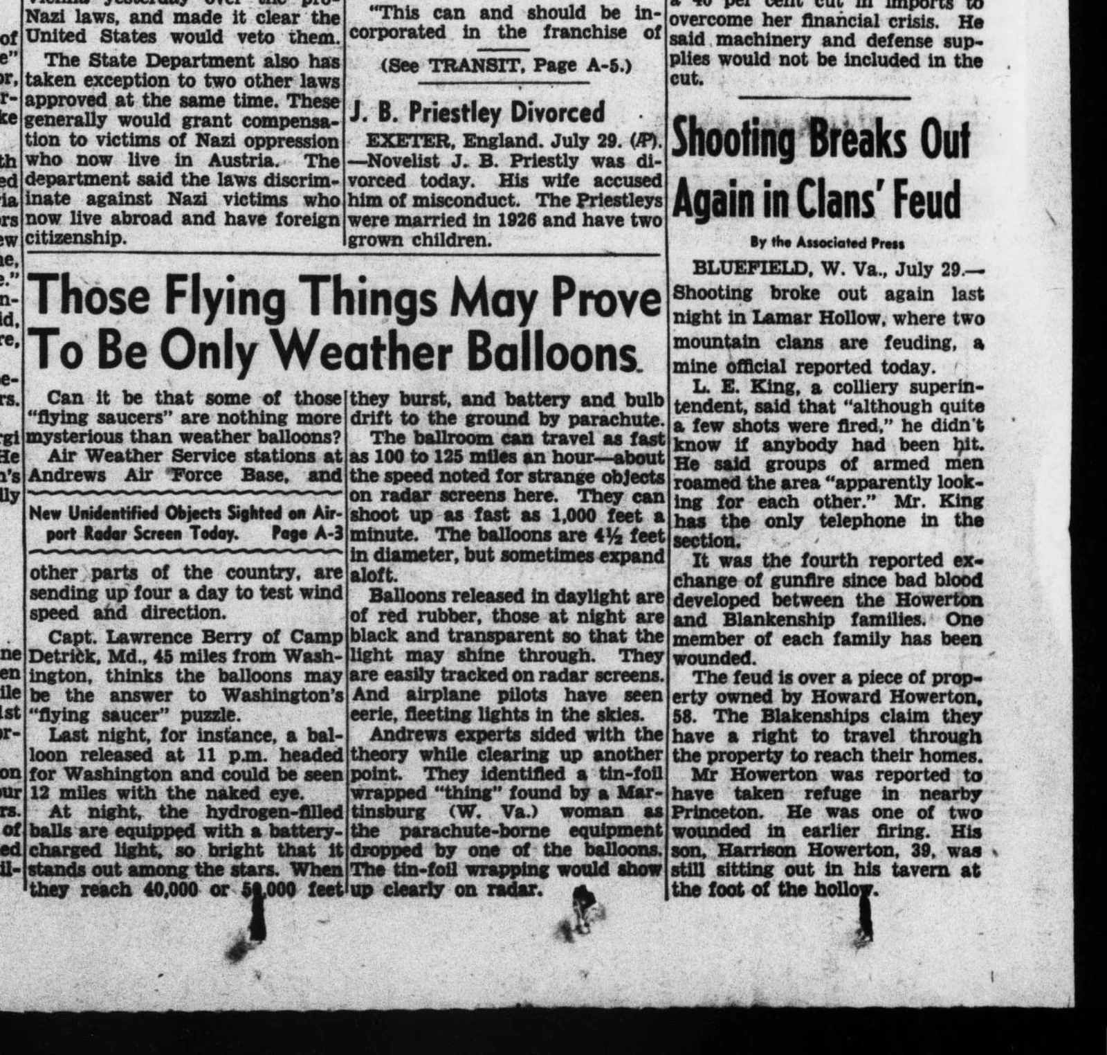 Evening Star clipping, July 29 1952: Those Flying Things May Prove To Be Only Weather Balloons.
