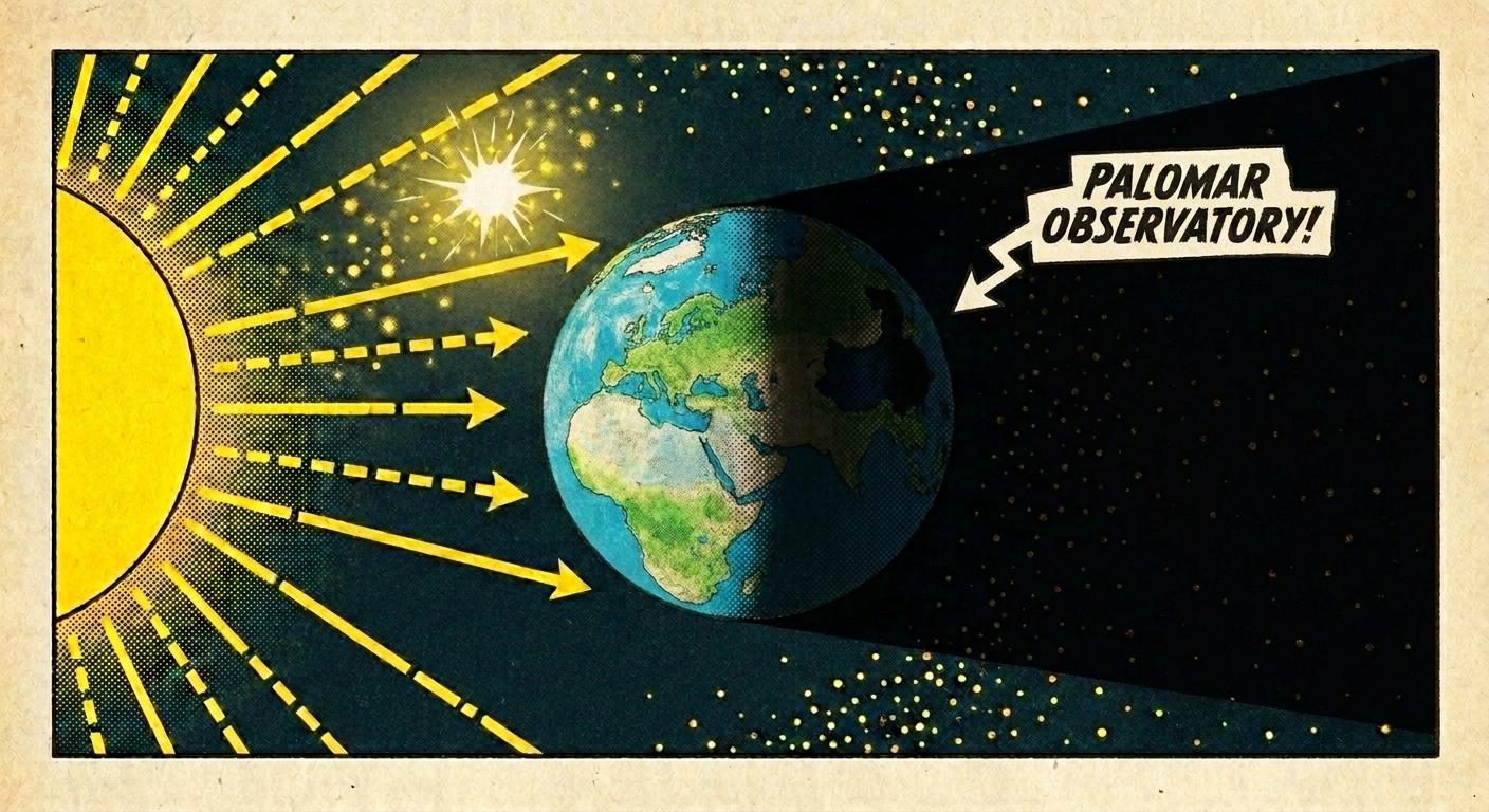 Comic diagram: the Sun at left, Earth in the middle, its shadow stretching right to where Palomar Observatory watches.