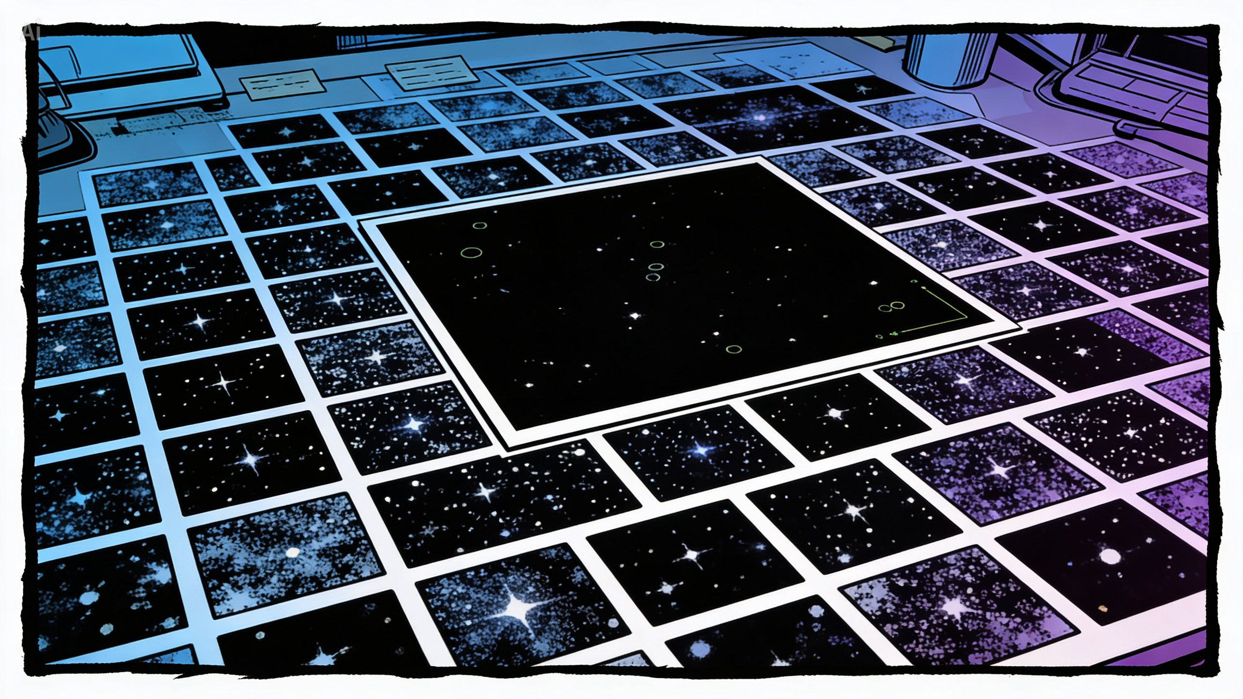 Tens of thousands of POSS-I plate cut-outs, each dense with stars and short-lived points of light.