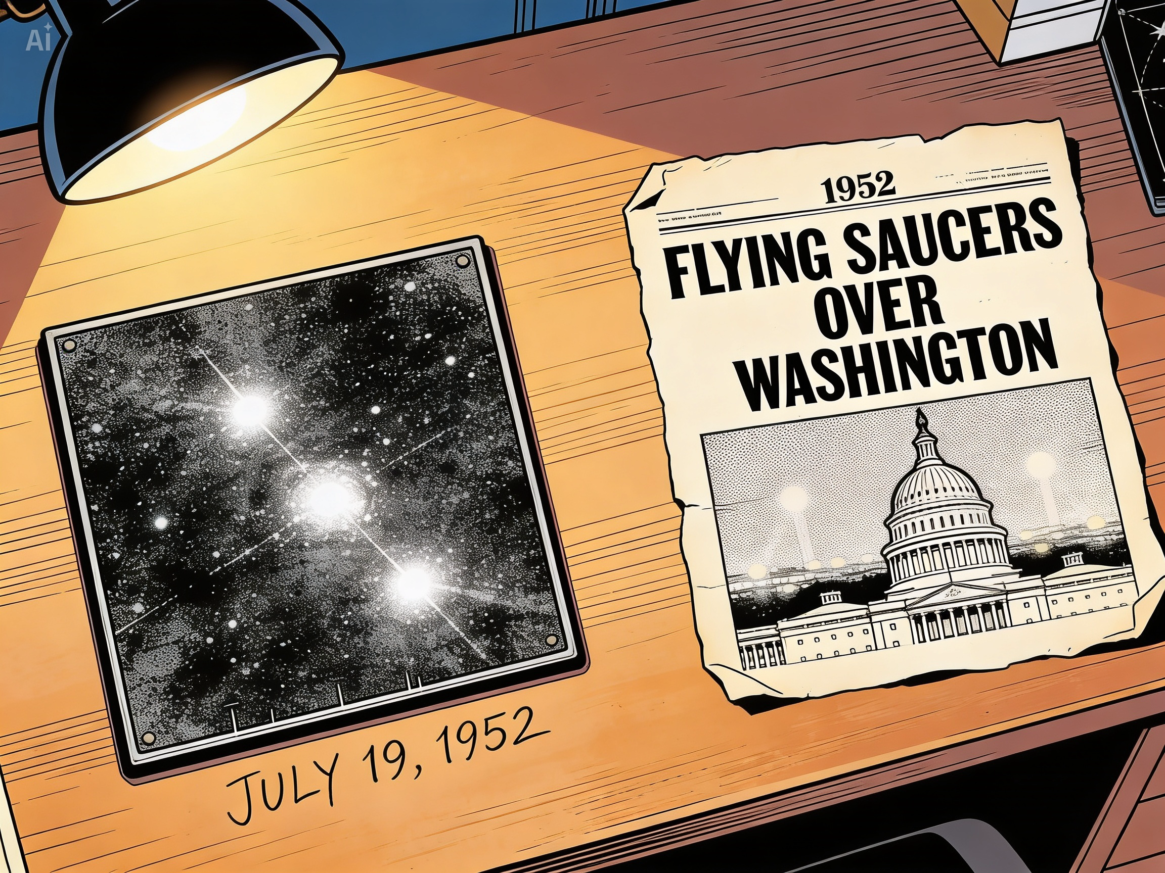 A desk: a Palomar plate showing three points of light dated July 19 1952, beside a 1952 newspaper headlined FLYING SAUCERS OVER WASHINGTON.